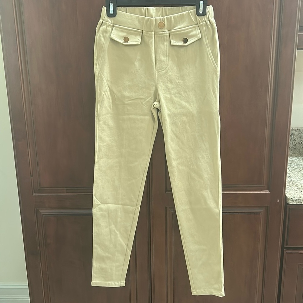 Umber Tan High-Waisted Pants with Gold Button Accents